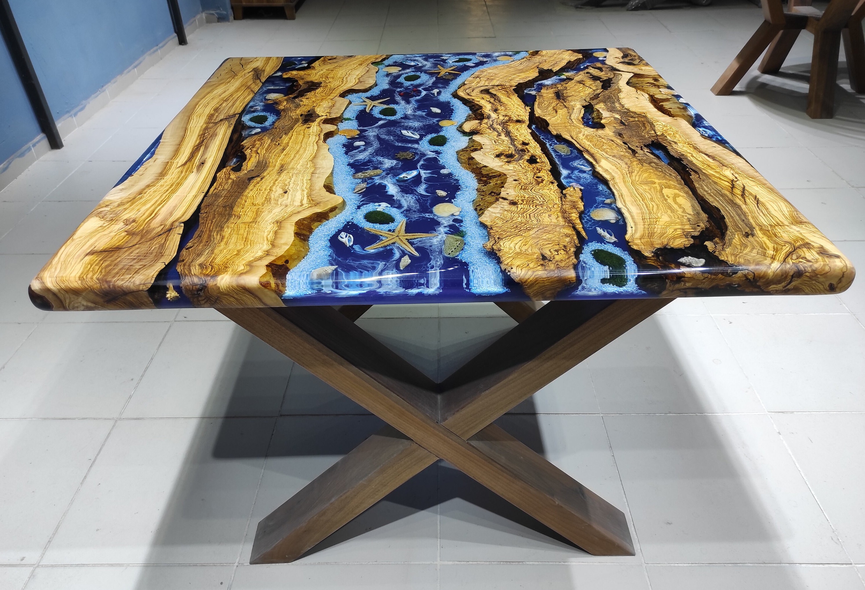 Custom Olive Wood Epoxy Resin Table: Tropical Ocean Design