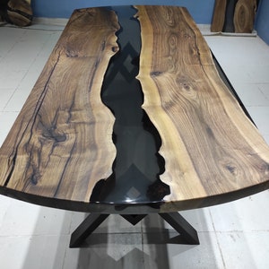 Handmade Walnut Wood Dining Table with Smoke Epoxy Resin