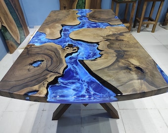 Custom Walnut Epoxy Resin Table: Living Edge Ocean River Design