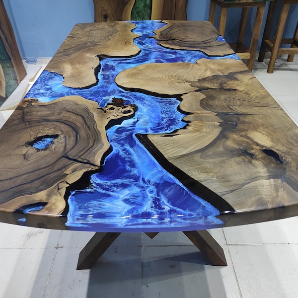 Custom Walnut Epoxy Resin Table: Living Edge Ocean River Design