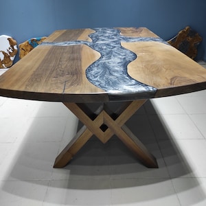 Custom Walnut Epoxy Dining Table: Metallic Gray River Resin