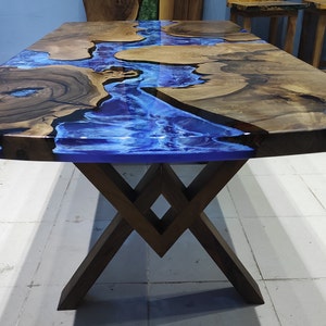 Custom Walnut Epoxy Resin Table: Living Edge Ocean River Design