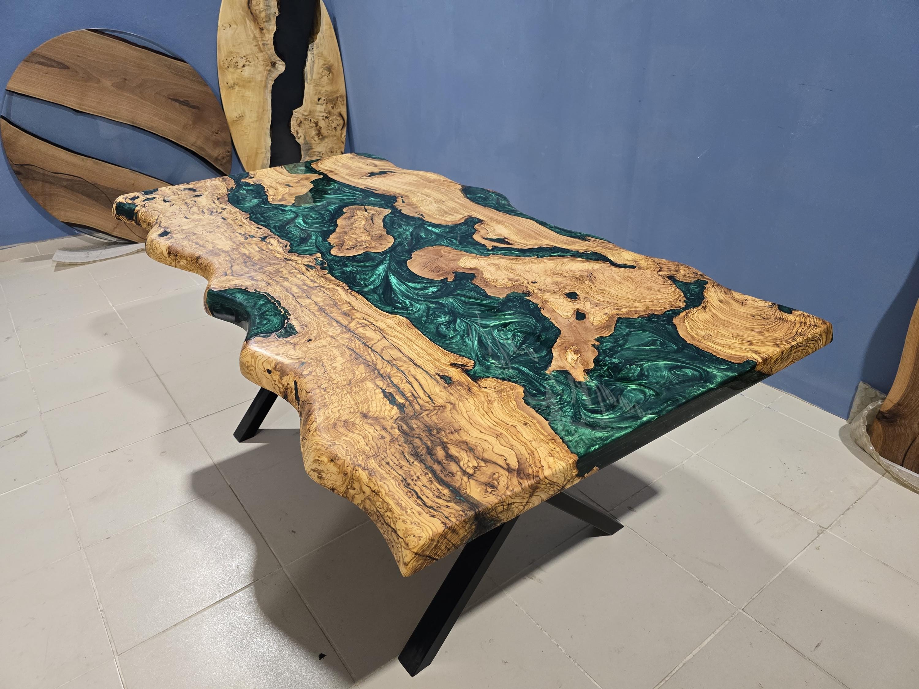 Custom Live Edge Epoxy Dining Table: Handmade Green Resin River Table ...