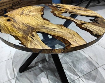 Handmade Olive Wood Epoxy River Table: Round Live Edge Design