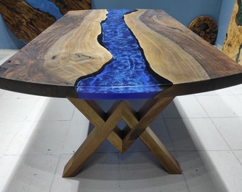 Walnut Ocean River Epoxy Resin Table: Custom Dining Table Top
