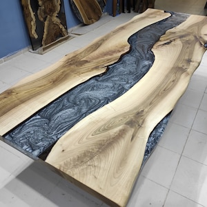 Custom Live Edge Walnut Table: Metallic Gray Epoxy River