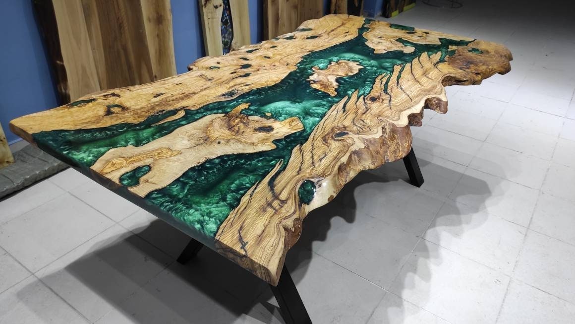 Live Edge Olive Emerald Green Dining Epoxy Table natural Olive