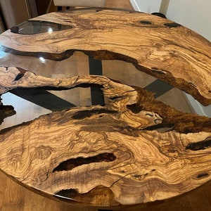 Custom 52" Diameter, Round Olive Wood, Clear Epoxy Dining Table, Round Epoxy Coffee Table,Dining Table, Office Table