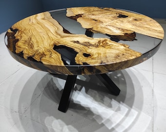 Custom 36" Diameter Olive Wood Epoxy Coffee Table | Epoxy Dining Table | Clear Epoxy Table Top | River Epoxy Resin Table | Dining Table Top