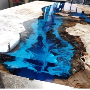 Poplar Tree,Epoxy Resin River Blue Epoxy Table,Dining Table, Epoxy Kitchen Table,Ocean Epoxy Resin