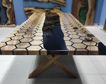 Mesa de comedor de nogal epoxi personalizada: Mesa de comedor de resina negra hecha a mano