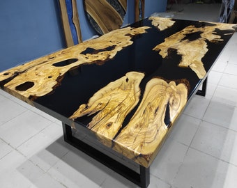 Custom Order Black Epoxy Olive Wood Dining Table | Black Resin Table Top | Epoxy Dining Room Table | Handmade Dining Room Set | Coffee Table