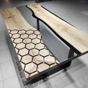 Personalized Hexagon Walnut Wood Epoxy Resin Table: Smoke Gray