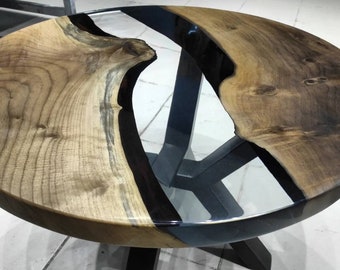 Handmade Walnut Wood Epoxy Dining Table - 28&quot; Round Coffee Table