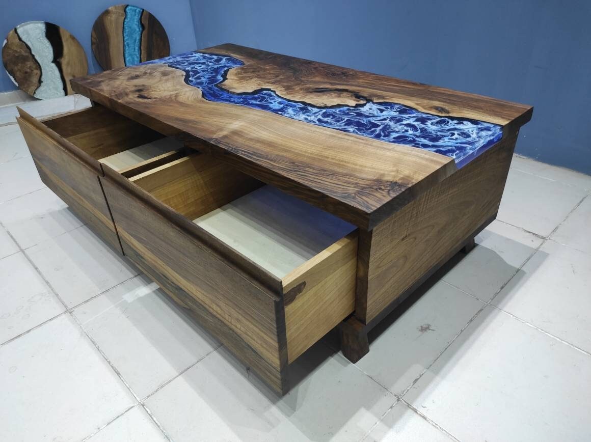 Drawer Epoxy Resin Coffee Table Luxury Sitting Groups Epoxy