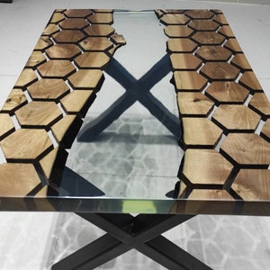 Hexagon Honeycomb Design Clear Epoxy Table , Dining Table , Center Table , Coffee Table , Walnut Epoxy Table