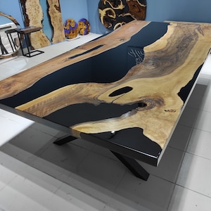 Handmade Dark Walnut Wood Dining Table with Black Epoxy Resin