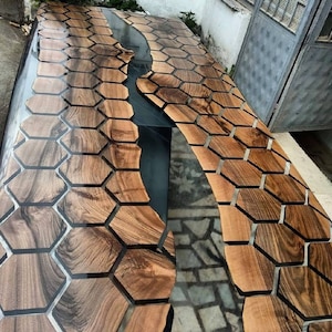 Luxury Custom Order Clear Epoxy Resin Hexagon Honeycomb Walnut Dining Table - %100 HANDMADE