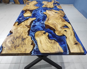 Custom Olive Wood River Dining Table: Ocean Blue Epoxy Resin