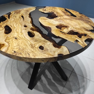 Smoke Epoxy Olive Wood Round Dining Table: Handmade Resin Coffee Table
