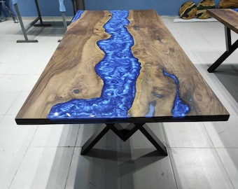 Custom Walnut River Table: Blue Epoxy Resin Dining Table