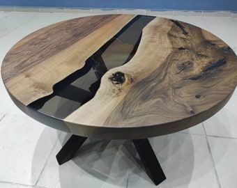 Custom 36" Diameter, Round Walnut Wood, Smoke Epoxy Dining Table, Round Epoxy Coffee Table,Dining Table, Office Table, Round Table Top