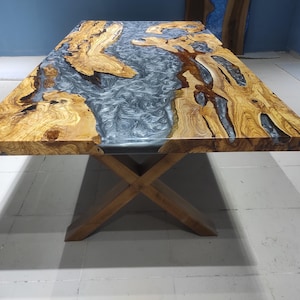Custom Olive Wood Dining Table: Gray Epoxy Resin, Live Edge Furniture