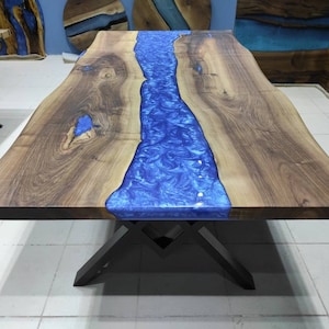 Handmade Walnut Dining Table: Blue Epoxy Resin River Table