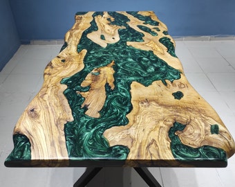 Live Edge Olive Wood Dining Table: Emerald Green Epoxy River Resin