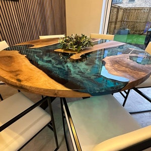 Custom Order Walnut Tree Diameter Round Turquoise White River Epoxy Table-Ocean Table- Dining Table - Coffee Table  Office Table - Live Edge