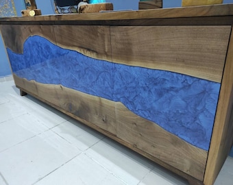 Handmade Walnut Wood TV Unit: Metallic Blue Epoxy Resin Console