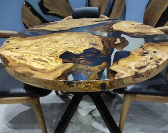 Handmade Living Edge Olive Wood Round Dining Table with Clear Epoxy