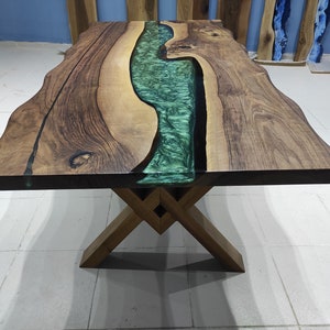 Handmade Live Edge Walnut Epoxy Table: Green Resin River Table image 9