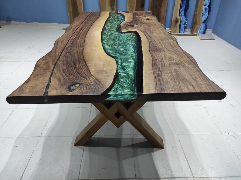 Handmade Live Edge Walnut Epoxy Table: Green Resin River Table image 9