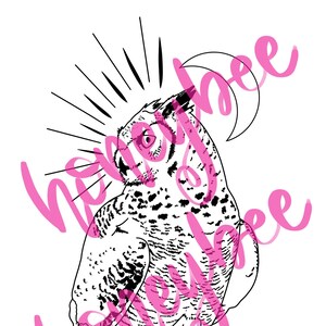 May include: A black and white line drawing of an owl perched on an hourglass. The owl is facing to the right and has a crescent moon above its head. The hourglass is filled with black sand and has a white frame.