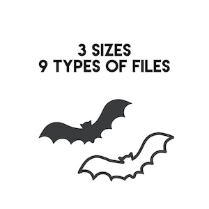 May include: Two black bat silhouettes, one flying above the other. The text "3 SIZES 9 TYPES OF FILES" is above the bats.