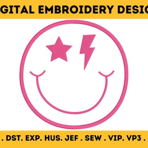 Appliqué Star and Lightning Bolt Smiley Face, Happy Face, Smiley Face, Appliqué Design, Machine Embroidery Design- 3 Sizes -INSTANT DOWNLOAD