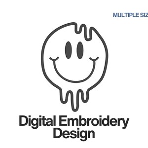 May include: A dark gray outline of a melting smiley face icon centered on a white background. Above the icon, the text reads MULTIPLE SIZES in blue. Below the icon, the text reads Digital Embroidery Design in dark gray lettering.