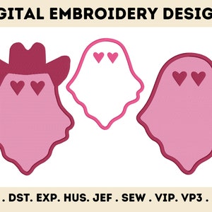 Ghost with Heart Eyes Halloween Machine Embroidery Designs - 3 Designs, 3 Sizes - INSTANT DOWNLOAD/Valentine&#39;s Day Embroidery, Cowboy Ghost