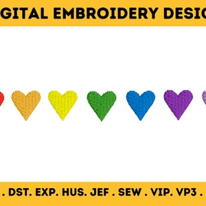Puede incluir: Un conjunto de siete diseños de bordado de corazón de colores arcoíris. Los corazones son rojo, naranja, amarillo, verde, azul, morado y rosa. Los diseños son perfectos para agregar un toque de color a cualquier proyecto.