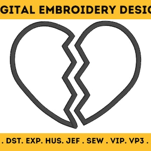 May include: A black and white digital embroidery design of a broken heart. The heart is split in half with a jagged line. The design is suitable for use on clothing, home decor, and other crafts.