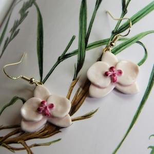 Orchid dangle clay earrings, Dainty floral earrings, White orchid jewelry, Pink orchid jewelry, Wedding flower earrings