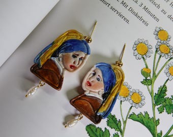 Girl with a Pearl Earring earrings, Handmade Vermeer Art Jewelry, Baroque Statement earrings, Unique Gift for Art Lovers, Renaissance Art