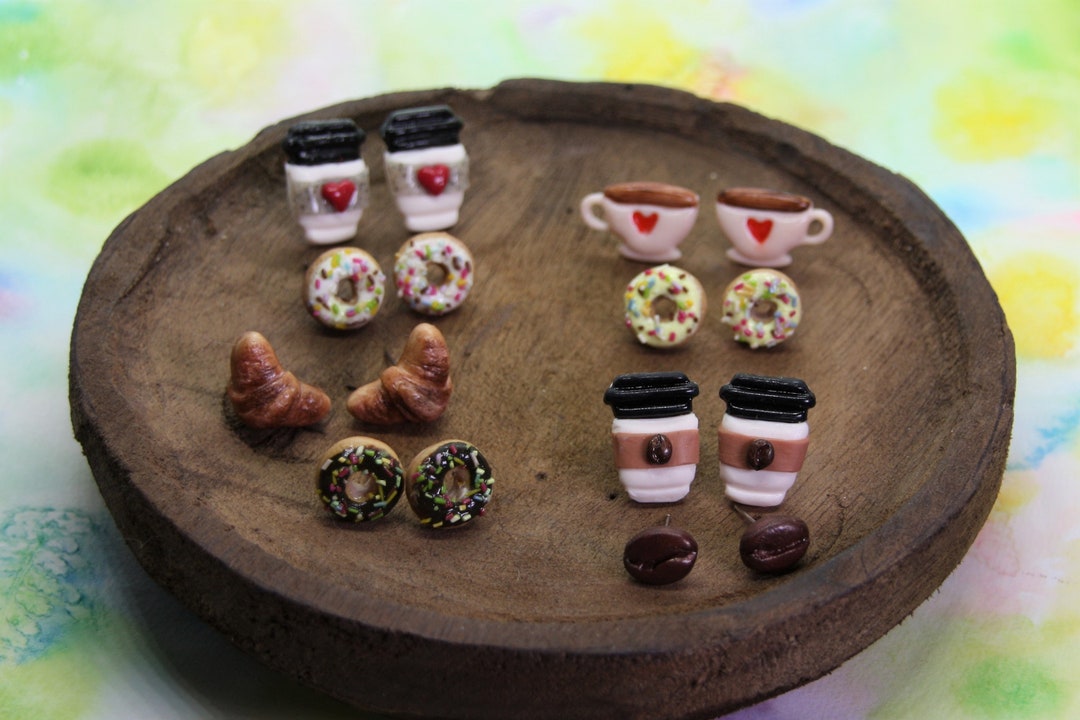 Stud Tea Bakery Products and Coffee Clay Stud Earrings Set, Food Stud Pack ...