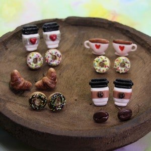 Bakery products and coffee clay stud earrings set, Food stud pack, Donuts studs, Tea studs, Coffee studs, Croissants studs