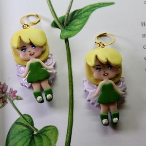 Tinker Fairy earrings, Fairy doll dangle earrings, Blonde fairy jewelry, Smiling girls with wings earrings, Fairycore earrings