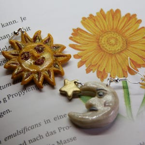 Sun and Moon face earrings, Celestial Asymmetrical  clay jewelry, Handmade boho cosmic, Mismatched sun moon earrings, Celestial jewelry