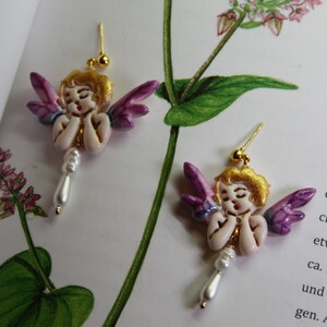 Beautiful fairy clay dangle earrings, Fairy girl earrings, Fairycore earrings with a pearl, Magical earrings, Fairy jewelry, Cherub Jewelry
