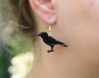 Black raven clay earrings, Dark academia jewelry, Crow earrings, Gothic jewelry, Halloween black earrings, Black bird earrings