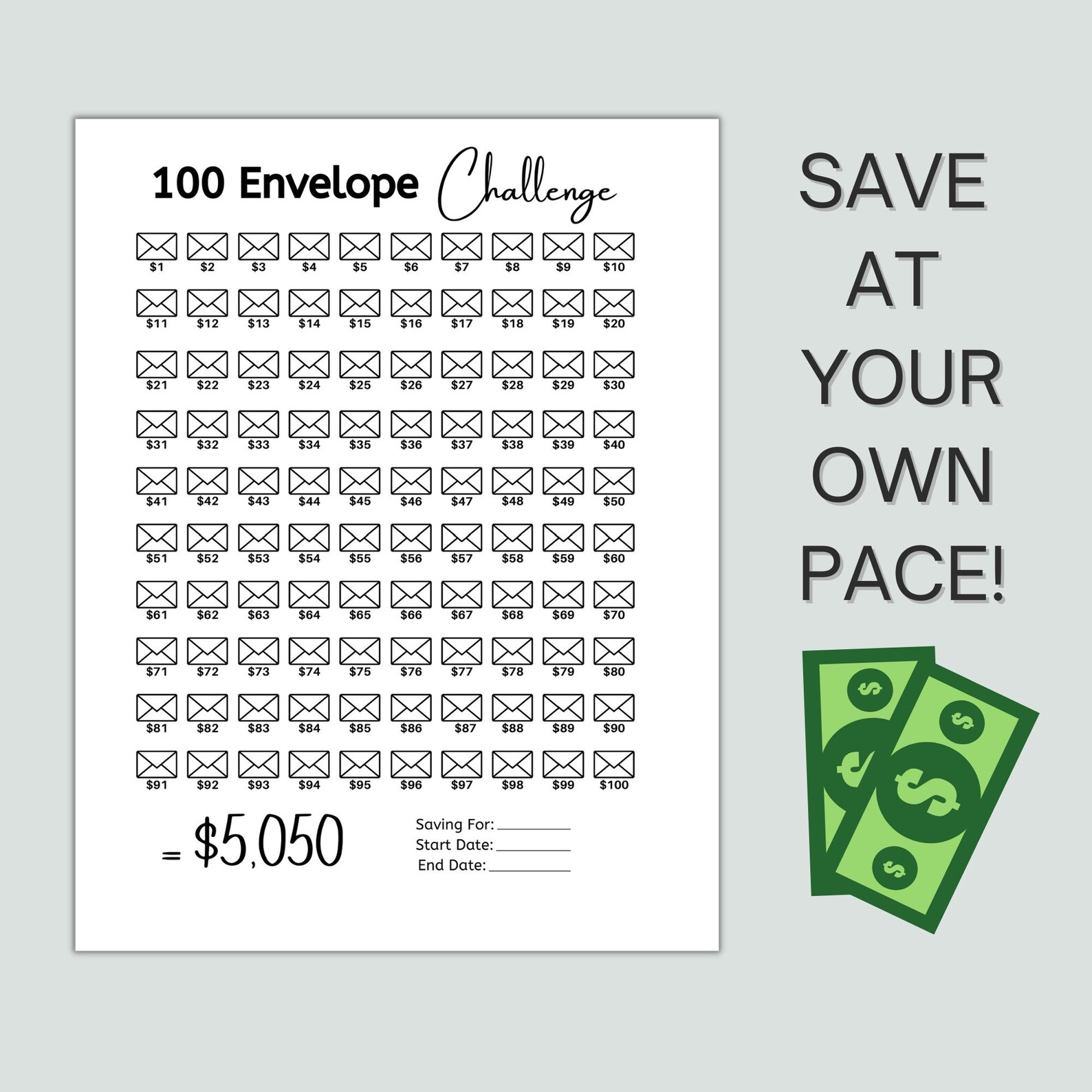 Printable 100 Envelope Challenge Tracker Hoputah